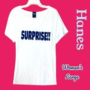 Hanes Womens Large White & Blue Surprise Shirt. Perfect For Special Occasions!